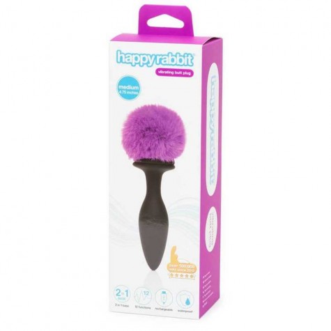 Черная анальная вибропробка Rechargeable Vibrating Bunny Tail Butt Plug Medium - 12 см.