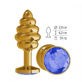 Золотистая пробка с рёбрышками и синим кристаллом - 7 см.